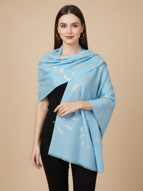 Micro Wool Blue Feather Motif Women Stole | Soft Wrap with Subtle Woven Accents (80 × 28 Inches)