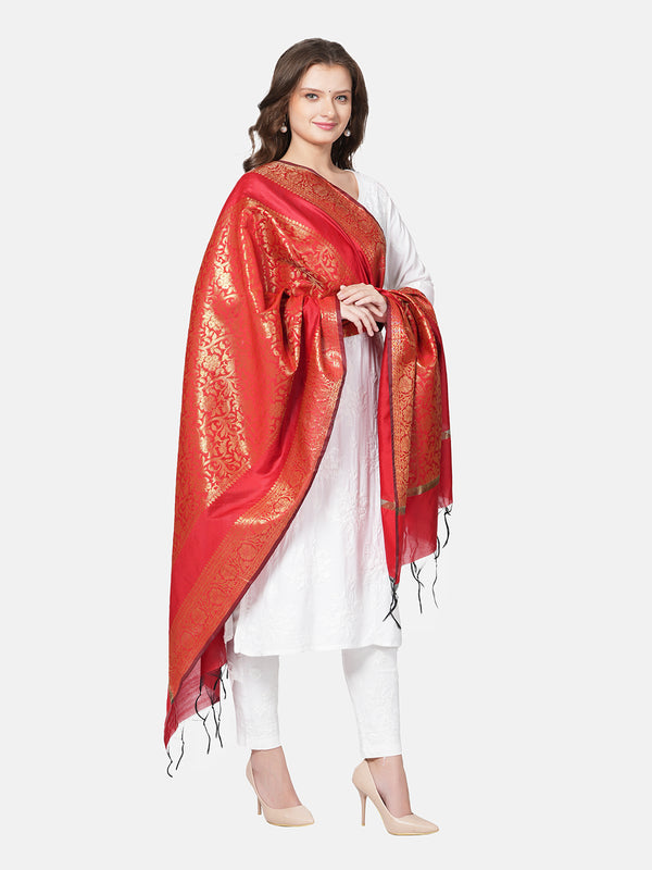 Orange Banarasi Silk Dupatta with Intricate Woven Zari Motifs & Classic Border (Size: 2.5x1 m Approx)