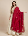 Luxe Vichitra Women Red Dupatta with 4 Side Scalloped Embroidered Border & Buti Embellishment