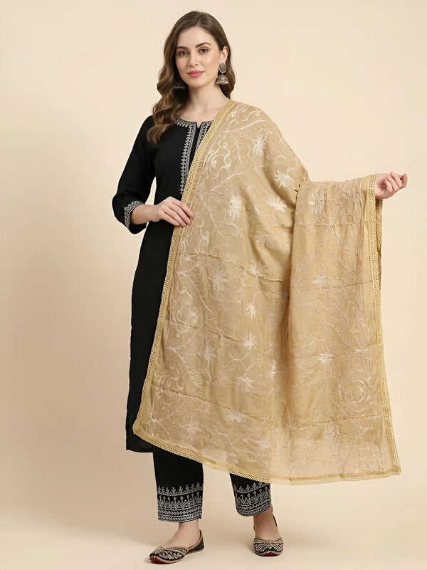 Gold Karachi Style Hand Embroidered Chiffon Dupatta