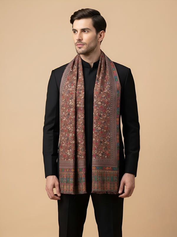 Reserve Mens All-Over Kalamkari Floral Print Bamboo Silk Brown Stole
