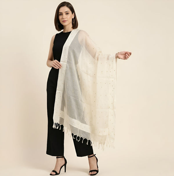 White Organza Dupatta with Golden Beads Work & Tassel Border