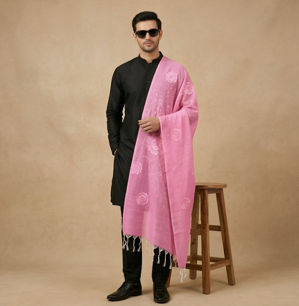 Cotton Embroidered Mens Dupatta – Pink Tone with Buta Work