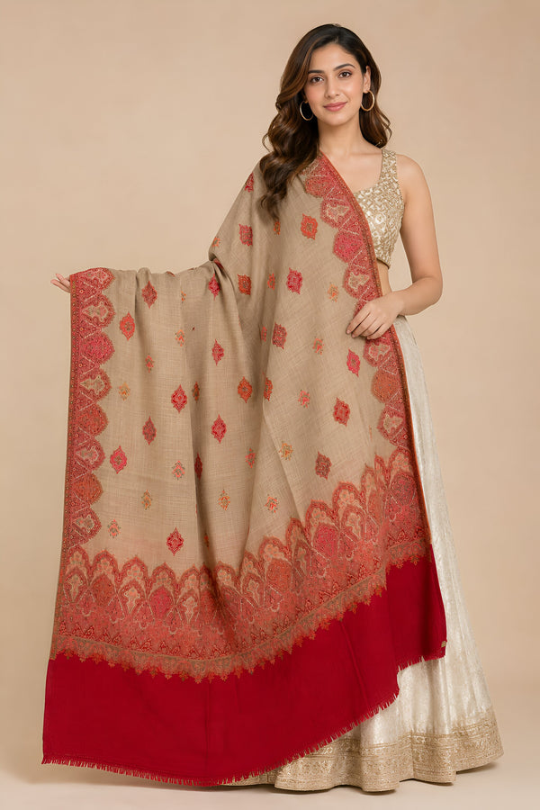 Naqsh-e-Kashmir Woven Kani Jacquard Red Shawl with All-Over Buttis & Solid Panel