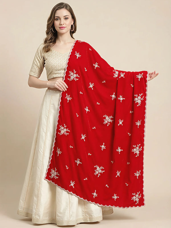 Luxe Chinon Womens Red Dupatta with Floral Diamond Work & Lace Border