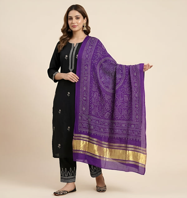 Bamboo Silk Bandhani Inspired Gajji Women Purple Dupatta with Elephant & Floral Motifs and Golden Tape Border
