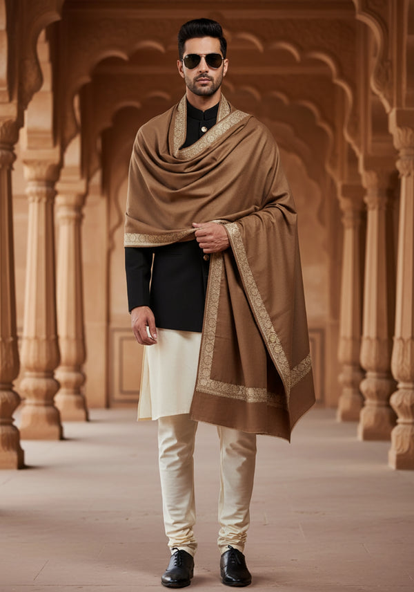 Brown Woolen Mens Shawl with Gold Border – 80x40 Inches