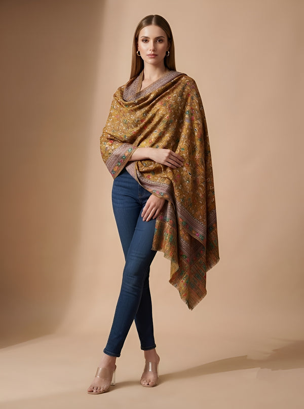Signature Kalamkari Printed Bamboo Silk Mustard Stole