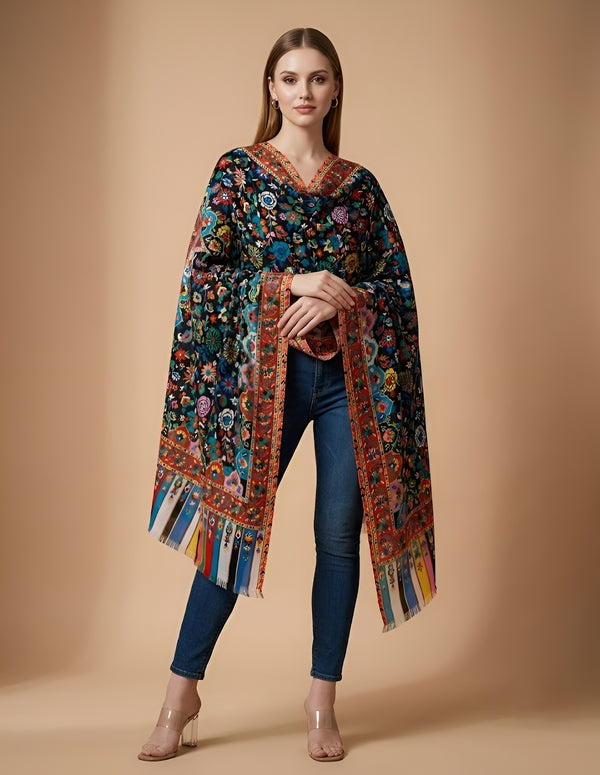 Signature Bamboo Silk Black Ethnic Floral BorderStole | Multicolour Heritage Border