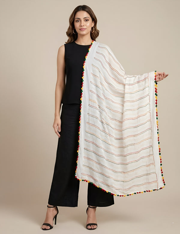White Nazneen Chiffon Dupatta with Multicolor Stripes & Pom Pom Border