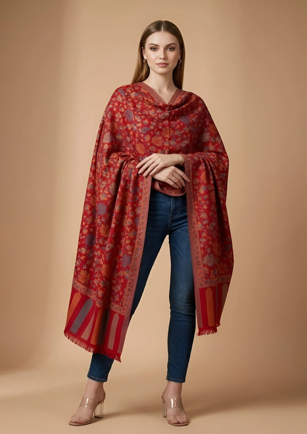 Regal Kani Weave Floral Wool Blend Red Stole | Kashmiri Inspired