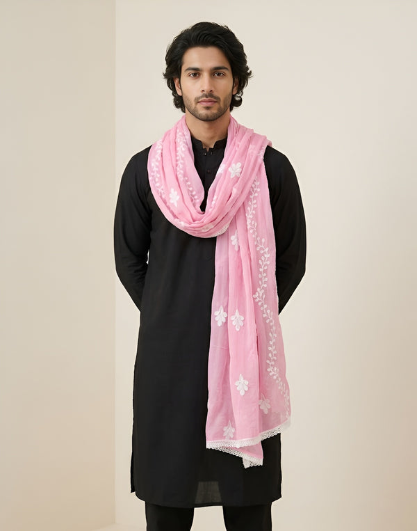 Pink Nazneen Chiffon Mens Dupatta with Floral Embroidery & Border