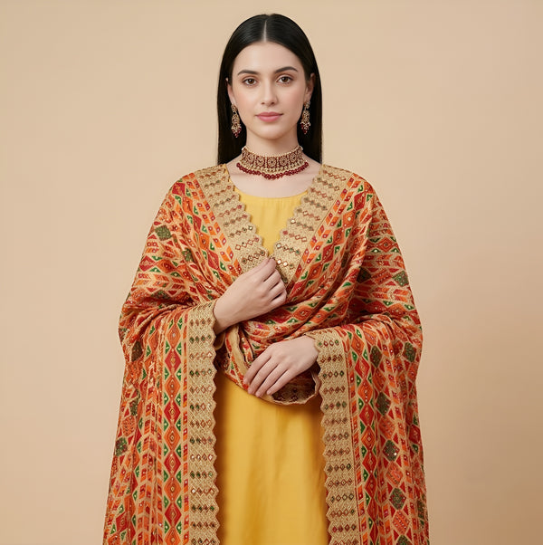 Luxe Heritage Woven Geometric Zari Chinon Beige Dupatta