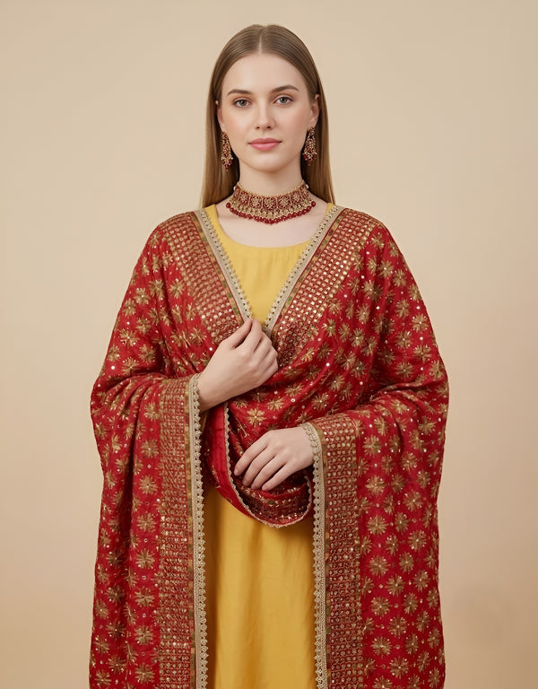 Luxe Heritage Chinon Phulkari Chinon Maroon Dupatta with Elegant Lace Border
