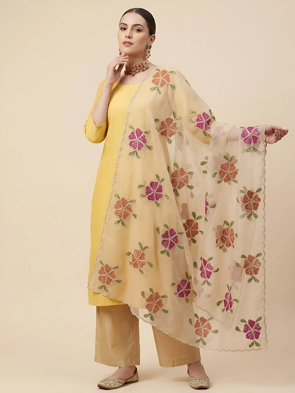 Luxe Organza Womens Beige Dupatta with Floral Brush Print Embellishment