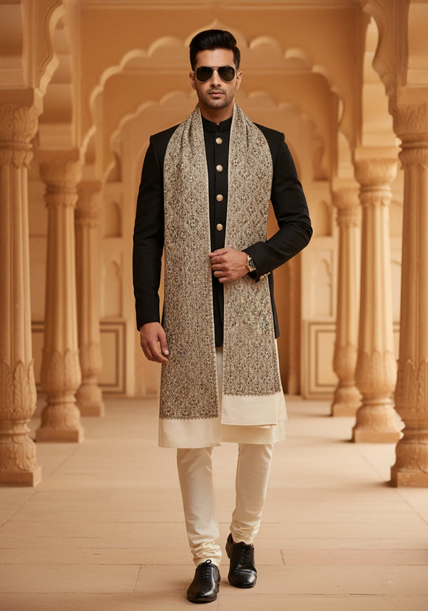Woolen Mens Shawl in White with All-Over Floral Jaal Weave (80 x 40 Inches)
