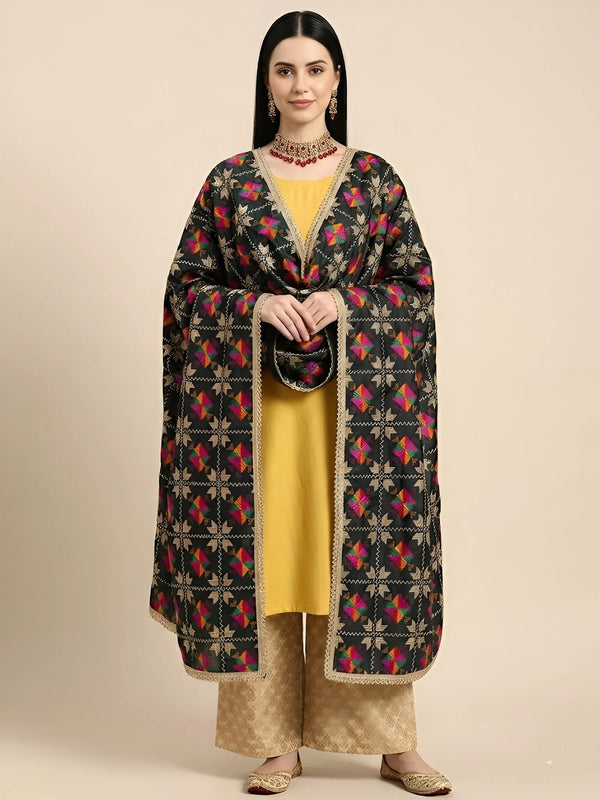 Luxe Chinon Women Phulkari Black Dupatta with Lace Border & Traditional Motif Work