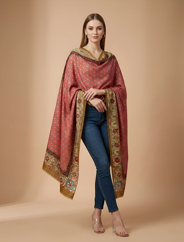 Signature Bamboo Silk PrintedStole | Heritage Floral Border & Geometric Motif Print