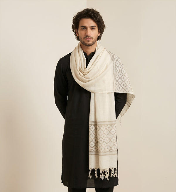 Cotton Mens Dupatta – White with Diamond Cut Work & Woven Border