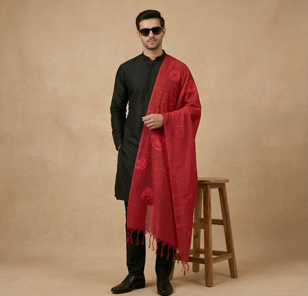 Cotton Embroidered Mens Dupatta – Red Tone with Buta Work