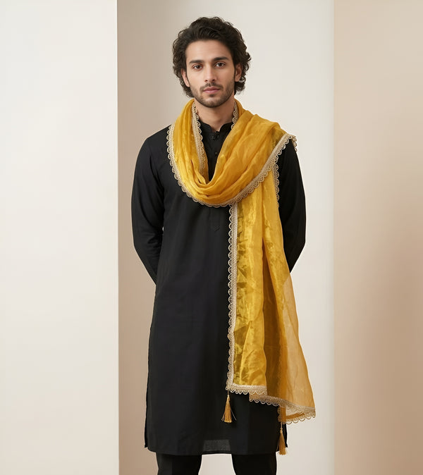 Fendi Mens Dupatta – Gold Tone with Lace Border & Latkan Finish