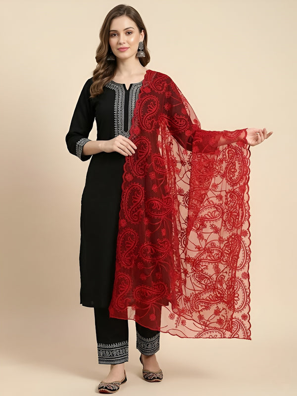 Red Organza Embroidered Dupatta for Women with Paisley & Floral
