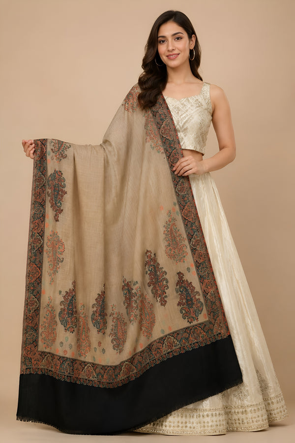 Naqsh-e-Kashmir Woven Kani Jacquard Paisley Beige Shawl with Inner Bootas & Solid Panel