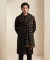 Black Nazneen Chiffon Mens Dupatta with Multicolor Stripes & Pom Pom