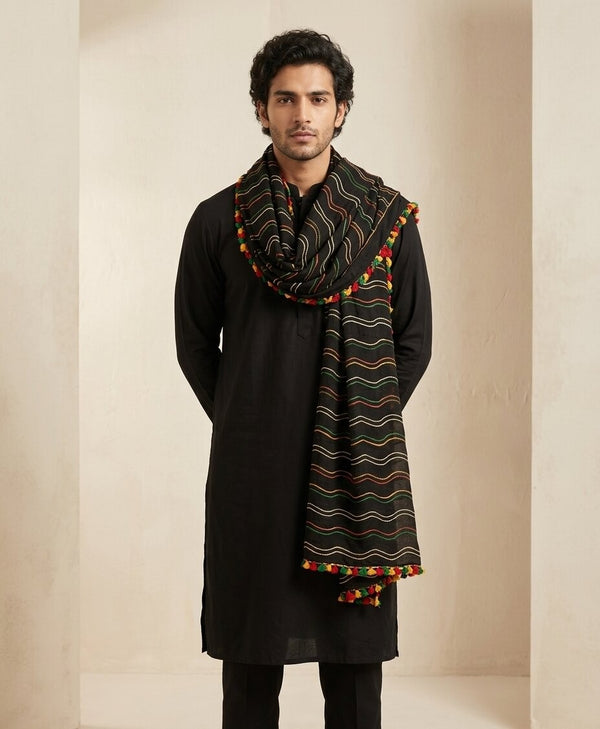 Black Nazneen Chiffon Mens Dupatta with Multicolor Stripes & Pom Pom