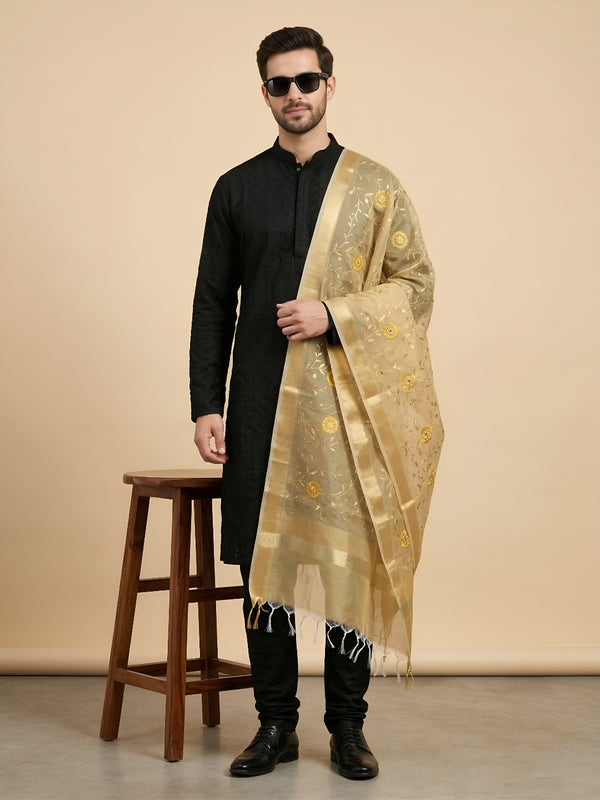 Organza Meena Jaal Mens Dupatta – Yellow with Gold Woven Design