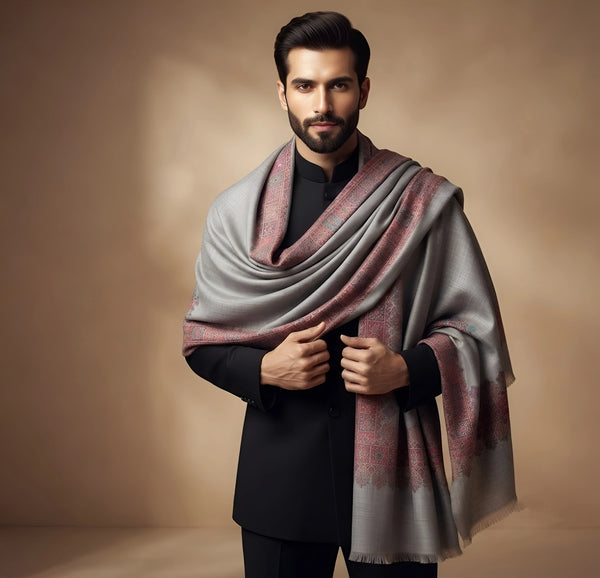 Mir-e-Khas Men's Kashmir-Inspired Kingri Jacquard Woven Grey Shawl with Floral Border