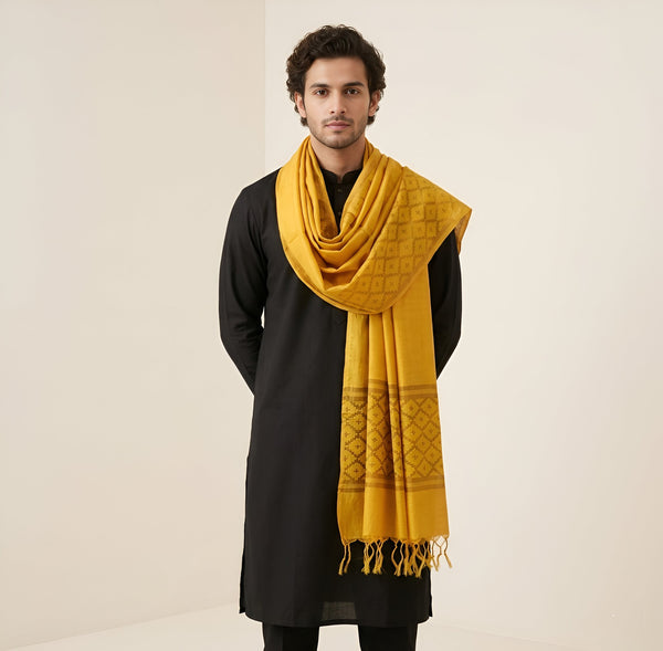 Cotton Mens Dupatta – Mustard with Diamond Cut Work & Woven Border