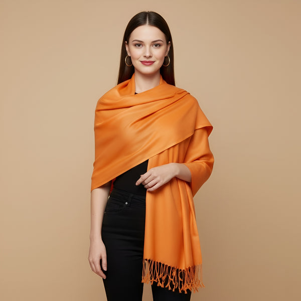 Solid Viscose Orange Women Stole with Soft Drape & Fringed Finish | Lightweight Everyday Wrap (80 × 28 Inches)
