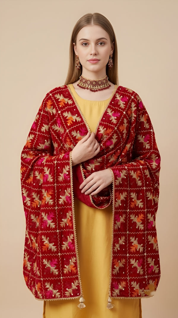 Luxe Phulkari Chinon Maroon Dupatta with Mirror Detailing