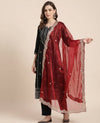 Red Twill Net Women Dupatta – Scalloped Cutwork Border with Buti Work