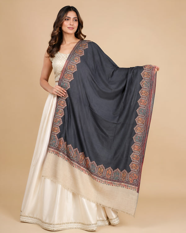 Naqsh-e-Kashmir Woven Kani Jacquard Grey Shawl with Solid Panel & Traditional Border