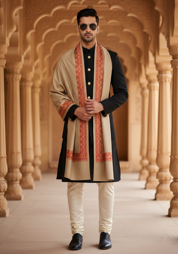 Brown Woolen Mens Shawl with Traditional Embroidered Border (80 x 40 Inches)