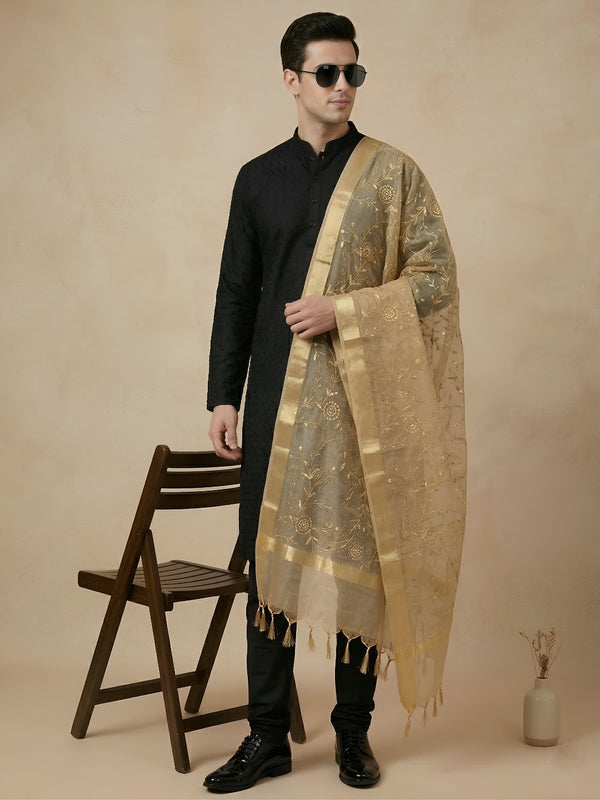 Organza Meena Jaal Mens Dupatta – Gold with Gold Woven Design