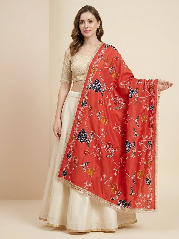 Luxe Cosmos Womens Orange Dupatta with Zari Brush Print & Lace Border
