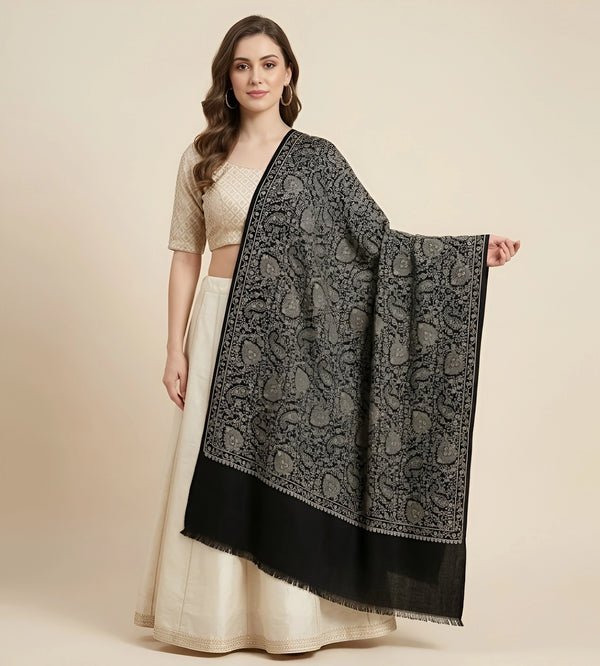 Naqsh-e-Kashmir Sozni Jaal Embroidered Black Shawl | Traditional Kashmiri Wool Blend