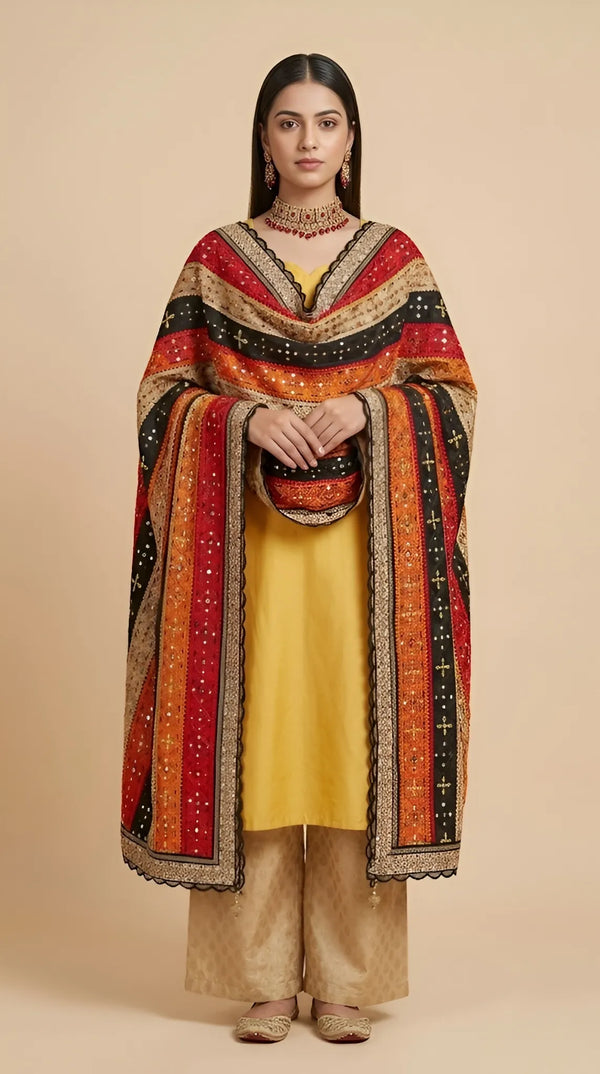 Luxe Chinon Multicolour Mirror Work Embroidered Phulkari Dupatta with Scalloped Lace Border