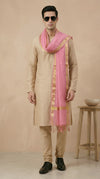 Cotton Silk Mens Dupatta – Pink with Zari Buta & Border Work
