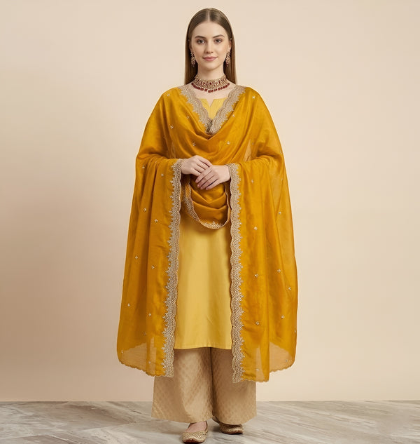 Luxe Fendi Women Mustard Dupatta with 2 Side Scalloped Border, Mirror Detailing & Buti Embellishment