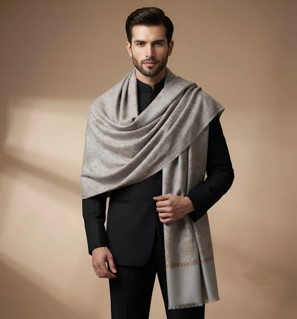 Mir-e-Khas Kashmiri Sozni Jaal Grey Shawl for Men – Wool Blend