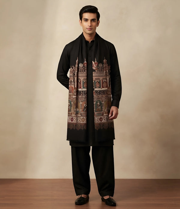 Mir-e-Khas Men's Mughal Palace Scenic Jacquard Woven Black Shawl with Zari Work