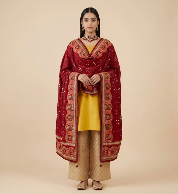 Luxe Chinon Kutch & Phulkari Heritage Art Mirror Work Embroidered Maroon Dupatta with Ornate Border