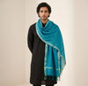 Cotton Mens Dupatta – Teal Blue with Golden Border & Tassel Finish