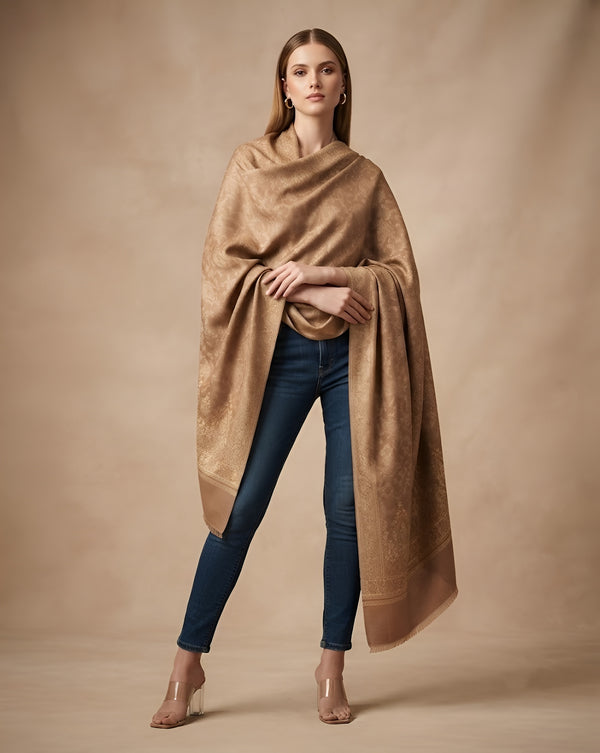 Everyday Wool Blend All-Over Zari Jacquard Woven Floral Trellis Brown Stole