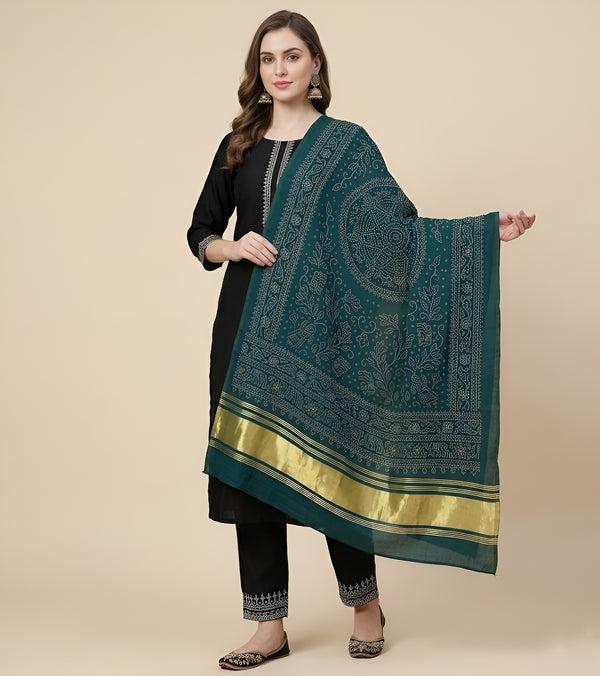 Bamboo Silk Bandhani Inspired Gajji Women Green Dupatta with Elephant & Floral Motifs and Golden Tape Border