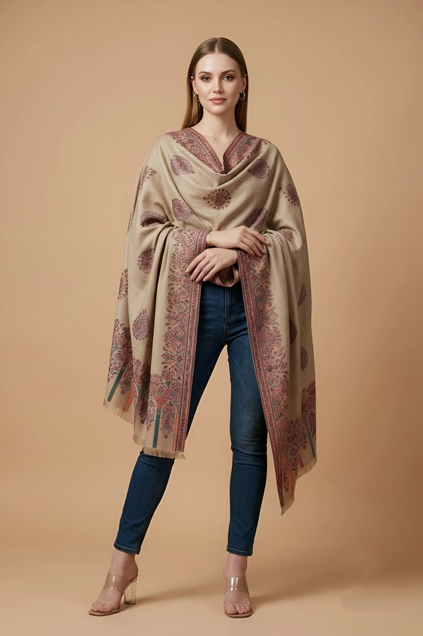 Regal Kani Woven Paisley Border Wool Blend Beige Stole | Kashmiri Inspired